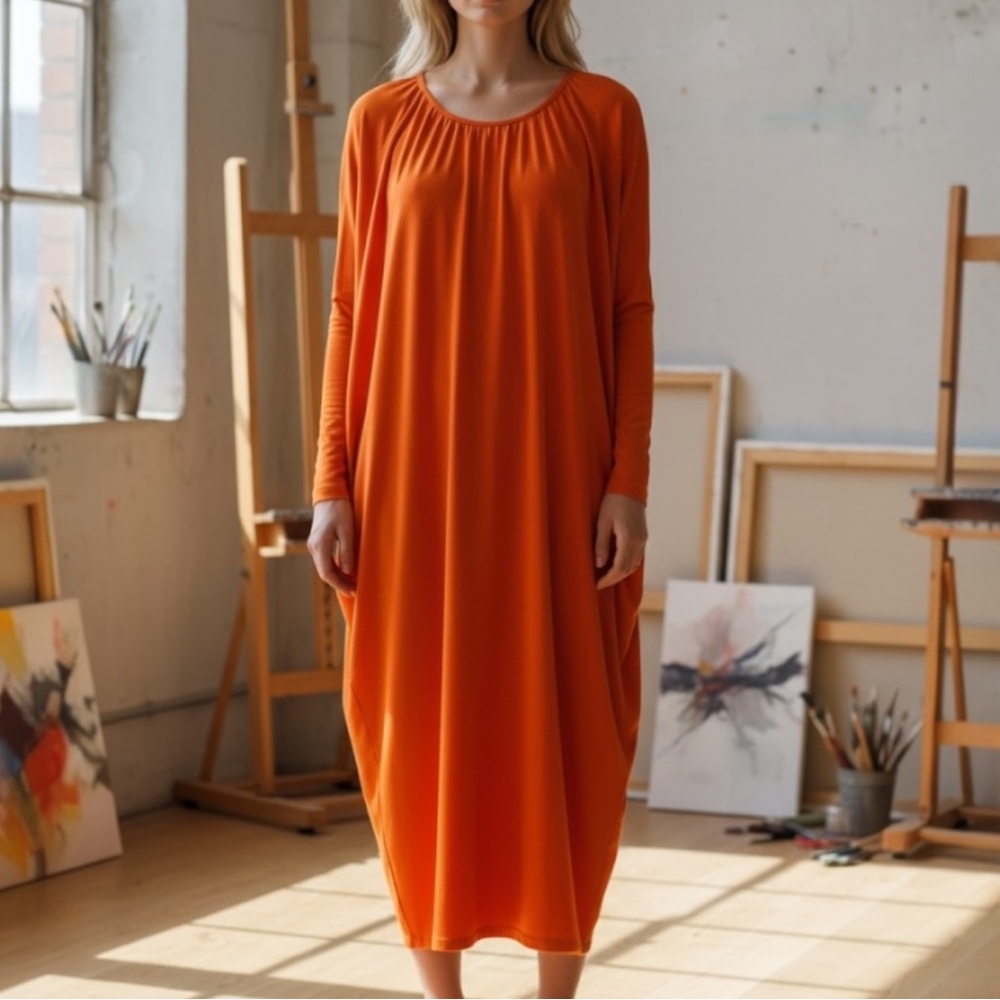 AAKASHA Long Sleeve Maxi Tunic Dress SZ S Orange